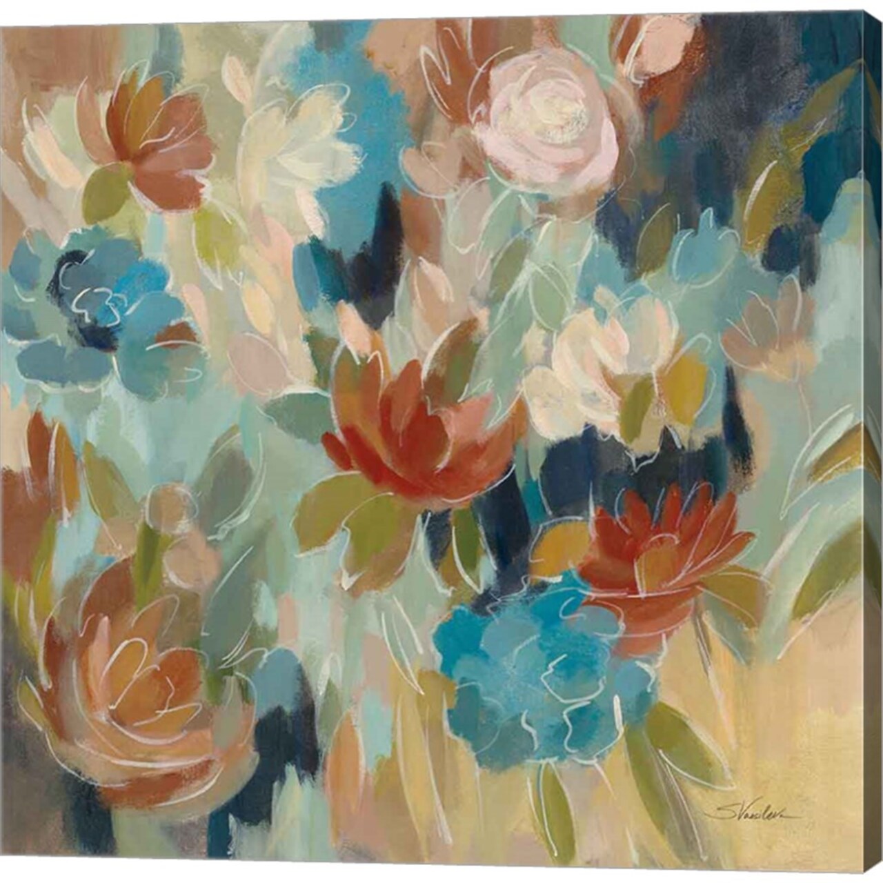 Blue and Sienna Floral by Silvia Vassileva 24" x 24" Canvas Wall Art